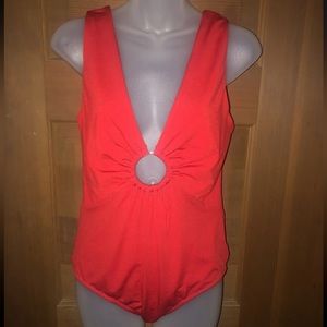 Women’s Size L Blue Blush Boutique Brand Red Plunge Neck Bodysuit Top New